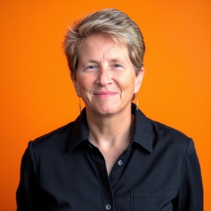 Jennifer Bryan profile photo on an orange background